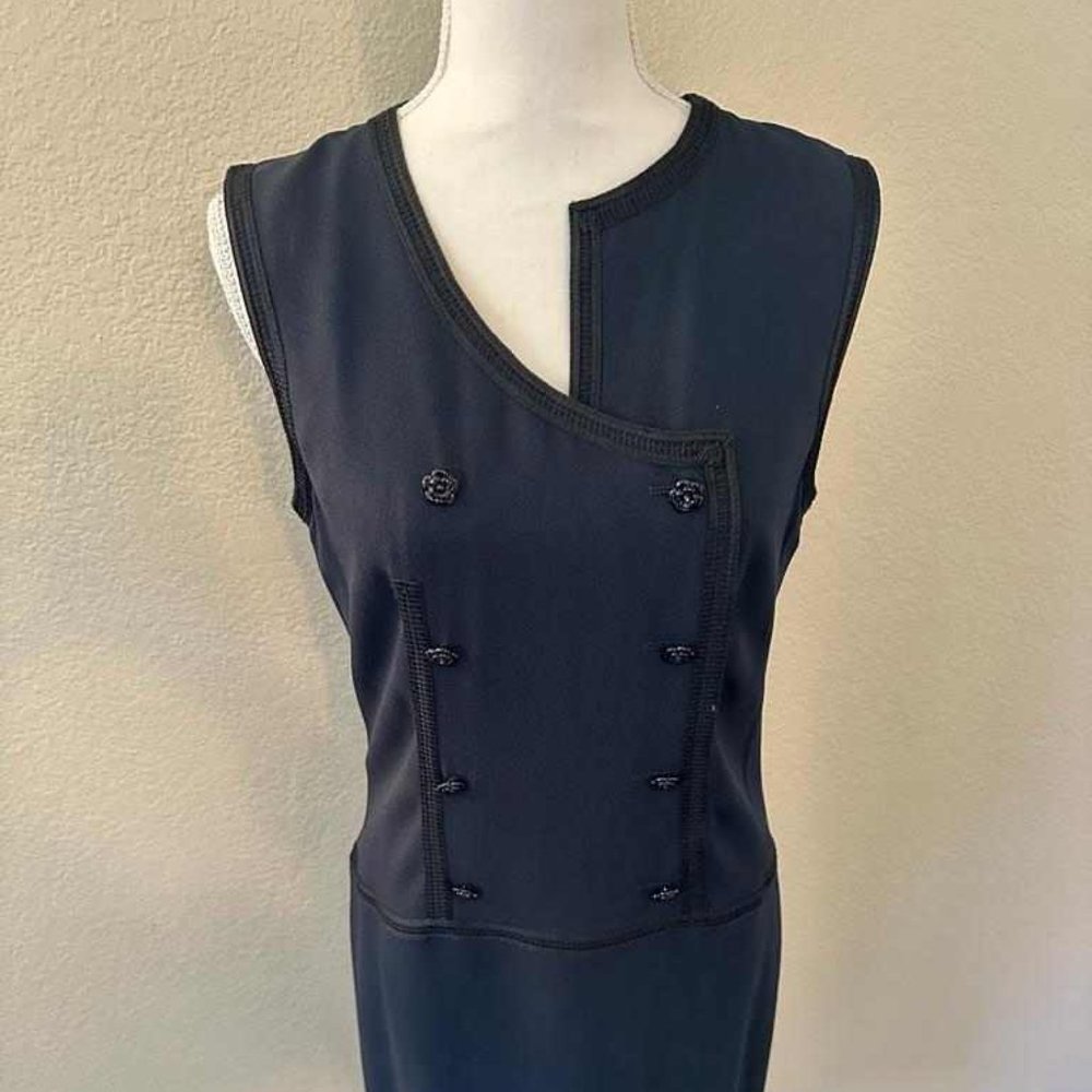 Chanel Cruise 02 Black & Blue Embroidered Midi Dress w/ Camellia Buttons FR 40